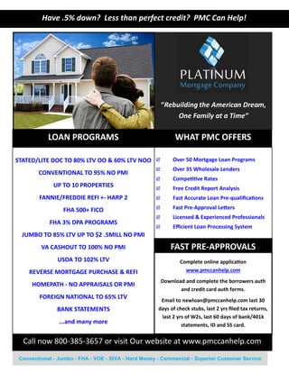 Have .5% down? Less than perfect credit? PMC Can Help!

“Rebuilding the American Dream,
One Family at a Time”

LOAN PROGRAMS

WHAT PMC OFFERS

STATED/LITE DOC TO 80% LTV OO & 60% LTV NOO

Over 50 Mortgage Loan Programs

CONVENTIONAL TO 95% NO PMI

Over 35 Wholesale Lenders
CompeƟƟve Rates

UP TO 10 PROPERTIES
FANNIE/FREDDIE REFI +- HARP 2
FHA 500+ FICO
FHA 3% DPA PROGRAMS

Free Credit Report Analysis
Fast Accurate Loan Pre-qualiﬁcaƟons
Fast Pre-Approval LeƩers
Licensed & Experienced Professionals
Eﬃcient Loan Processing System

JUMBO TO 85% LTV UP TO $2 .5MILL NO PMI
VA CASHOUT TO 100% NO PMI

FAST PRE-APPROVALS

USDA TO 102% LTV

Complete online applicaƟon
www.pmccanhelp.com

REVERSE MORTGAGE PURCHASE & REFI
HOMEPATH - NO APPRAISALS OR PMI
FOREIGN NATIONAL TO 65% LTV
BANK STATEMENTS
...and many more

Download and complete the borrowers auth
and credit card auth forms.
Email to newloan@pmccanhelp.com last 30
days of check stubs, last 2 yrs ﬁled tax returns,
last 2 yrs of W2s, last 60 days of bank/401k
statements, ID and SS card.

Call now 800-385-3657 or visit Our website at www.pmccanhelp.com
Conventional - Jumbo - FHA - VOE - SIVA - Hard Money - Commercial - Superior Customer Service

 