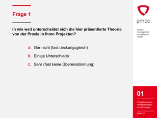 Frage 1

In wie weit unterscheidet sich die hier präsentierte Theorie
von der Praxis in Ihren Projekten?


        a. Gar nicht (fast deckungsgleich)
        b. Einige Unterschiede
        c. Sehr (fast keine Übereinstimmung)




                                                               01
                                                               Projektmanage-
                                                               ment Methoden
                                                               und Prozesse

                                                               Folie 16
 