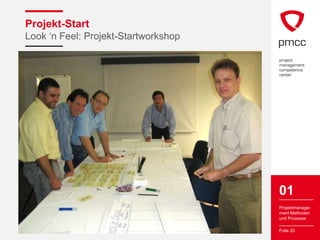 Projekt-Start
Look ‘n Feel: Projekt-Startworkshop




                                      01
                                      Projektmanage-
                                      ment Methoden
                                      und Prozesse

                                      Folie 20
 