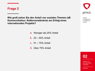 Frage 2

Wie groß sehen Sie den Anteil von sozialen Themen (zB
Kommunikation, Rollenverständnis) am Erfolg eines
internationalen Projekts?



                  a. Weniger als 25% Anteil
                  b. 25 – 50% Anteil
                  c. 51 – 75% Anteil
                  d. Über 75% Anteil


                                                        02
                                                        Führen von
                                                        internationalen
                                                        Projekten

                                                        Folie 26
 
