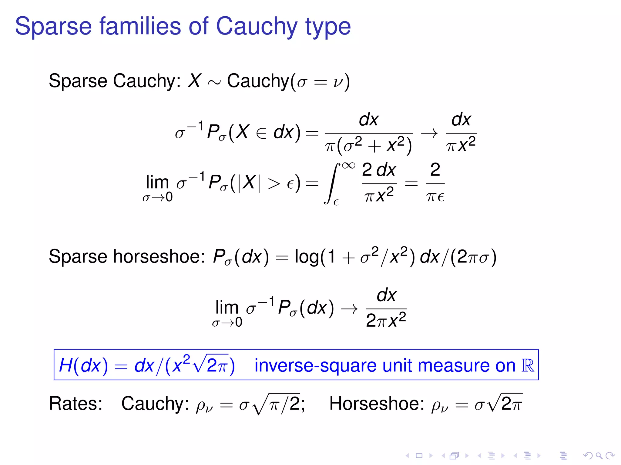 Sparse families of Cauchy type
Sparse Cauchy: X ∼ Cauchy(σ = ν)
σ−1
Pσ(X ∈ dx) =
dx
π(σ2 + x2)
→
dx
πx2
lim
σ→0
σ−1
Pσ(|X| > ) =
∞
2 dx
πx2
=
2
π
Sparse horseshoe: Pσ(dx) = log(1 + σ2/x2) dx/(2πσ)
lim
σ→0
σ−1
Pσ(dx) →
dx
2πx2
H(dx) = dx/(x2
√
2π) inverse-square unit measure on R
Rates: Cauchy: ρν = σ π/2; Horseshoe: ρν = σ
√
2π
 
