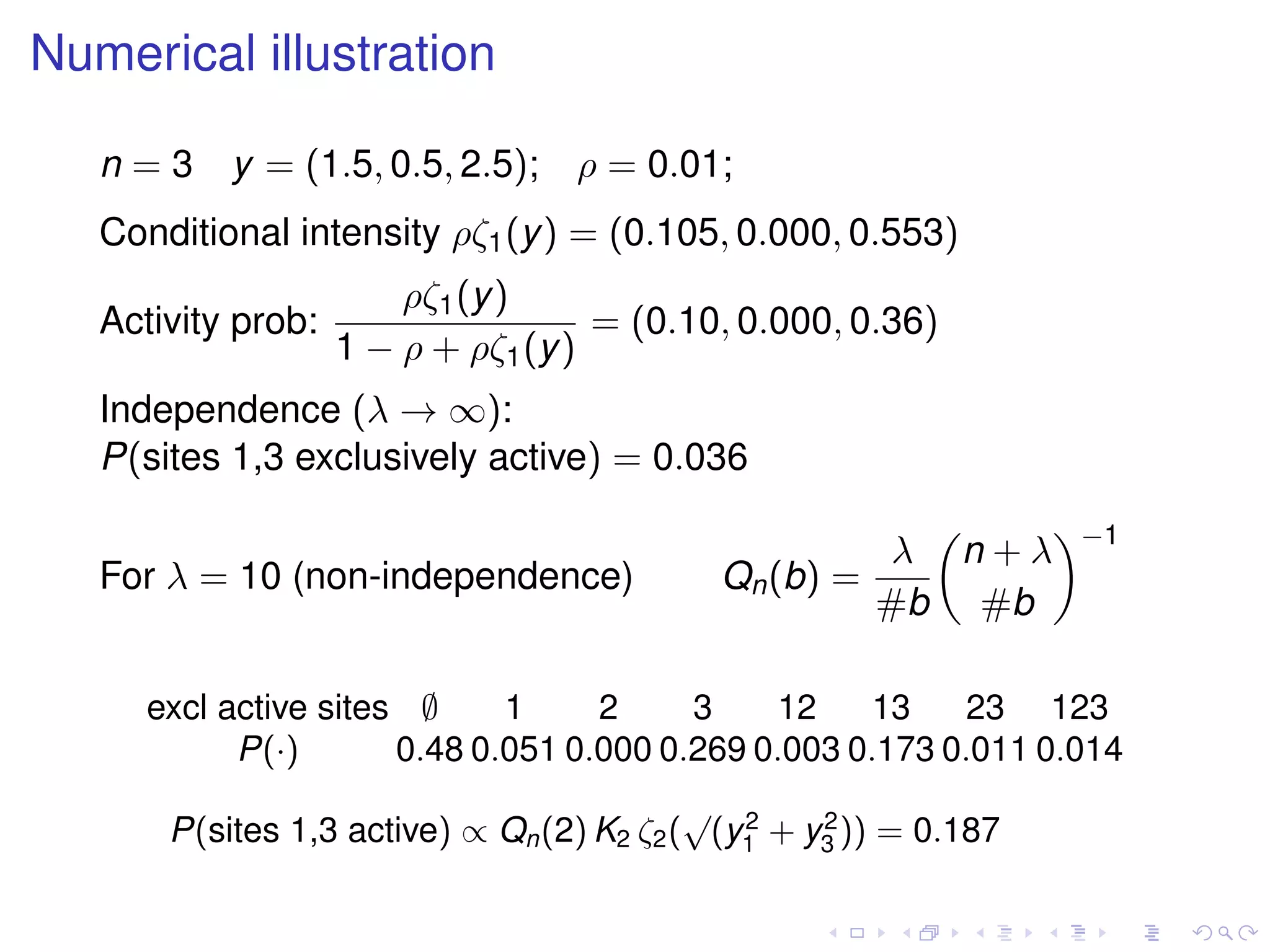 Numerical illustration
n = 3 y = (1.5, 0.5, 2.5); ρ = 0.01;
Conditional intensity ρζ1(y) = (0.105, 0.000, 0.553)
Activity prob:
ρζ1(y)
1 − ρ + ρζ1(y)
= (0.10, 0.000, 0.36)
Independence (λ → ∞):
P(sites 1,3 exclusively active) = 0.036
For λ = 10 (non-independence) Qn(b) =
λ
#b
n + λ
#b
−1
excl active sites ∅ 1 2 3 12 13 23 123
P(·) 0.48 0.051 0.000 0.269 0.003 0.173 0.011 0.014
P(sites 1,3 active) ∝ Qn(2) K2 ζ2(
√
(y2
1 + y2
3 )) = 0.187
 