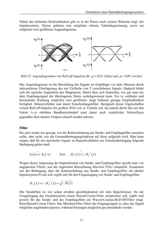 Simulation eines Datenübertragungssystems

Neben der einfachen Realisierbarkeit gibt es in der Praxis noch weitere Wünsche bzgl. des
Impulssystems. Hierzu gehören eine möglichst robuste Taktrückgewinnung sowie ein
möglichst weit geöffnetes Augendiagramm:




 Bild 15: Augendiagramme von Roll-off-Impulsen für ρ = 0,25 (links) und ρ = 0,95 (rechts)

Das Augendiagramm ist die Darstellung des Signals im Empfänger vor dem Abtasten durch
taktsynchrone Überlagerung des um Vielfache von T verschobenen Signals. Dadurch bildet
sich die typische Augenform des Diagramms. Damit lässt sich beurteilen, wie gut man aus
dem Empfangssignal die übertragenen Daten zurückgewinnen kann. Ein in vertikaler und
horizontaler Richtung möglichst weit geöffnetes Auge bedeutet geringe Empfindlichkeit
bezüglich Abtastzeitfehler und damit Entscheidungsfehler. Bezüglich dieser Eigenschaften
weisen Roll-off-Impulse mit großem Wert von ρ Vorteile auf, die jedoch durch den um den
Faktor 1 + ρ erhöhten Bandbreitenbedarf (und damit auch zusätzlicher Störeinfluss)
gegenüber dem idealen Tiefpass erkauft werden müssen.


Filter
Bis jetzt wurde nur gezeigt, wie die Kettenschaltung aus Sende- und Empfangsfilter aussehen
sollte, aber nicht, wie die Gesamtübertragungsfunktion auf diese aufgeteilt wird. Man kann
zeigen, daß für ein maximales Signal- zu Rauschverhältnis am Entscheidereingang folgende
Bedingung gelten muß:

              !                                 !
       hS (t ) = c ⋅ hE (−t )            HS ( f )=c⋅ HE ( f )
                                                        *
                                bzw.

Wegen dieser Anpassung der Impulsformen von Sende- und Empfangsfilter spricht man von
angepassten Filtern, was der englischen Bezeichnung Matched Filter entspricht. Zusammen
mit der Bedingung, dass die Kettenschaltung aus Sende- und Empfangsfilter ein ideales
Impulssystem H sein soll, ergibt sich für den Frequenzgang von Sende- und Empfangsfilter:

       HS ( f ) = c ⋅ HE ( f ) = c ⋅ H( f )
                            *




Der Sendefilter ist wie schon erwähnt gleichbedeutend mit dem Impulsformer. Da der
Frequenzgang des Gesamtsystems einem Raised-Cosine-Filter entsprechen soll, ergibt sich
jeweils für das Sende- und das Empfangsfilter ein Wurzel-Cosinus-Roll-Off-Filter (engl.
Root-Raised-Cosine Filter). Das Matched-Filter filtert das Eingangssignal so, dass das Signal
möglichst ungehindert passiert, während Störungen möglichst gut unterdrückt werden.


                                                11
 