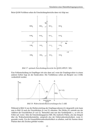 Simulation eines Datenübertragungssystems

Beim QAM-Verfahren sehen die Entscheidungsbereiche dann wie folgt aus:




                                                Im

                         0000          0001                 0011            0010
                                                2-1/2




                         0100          0101                 0111            0110



                            -2
                                -1/2                 0                            2
                                                                                    -1/2
                                                                                            Re
                         1100          1101                                 1110

                                                                            A

                                                                                                 B

                         1000          1001       -1/2      1011            1010
                                                -2




                 Bild 17: optimale Entscheidungsbereiche bei QAM (AWGN / ML)

Eine Fehlentscheidung im Empfänger tritt also dann auf, wenn der Empfangsvektor in einem
anderen Gebiet liegt als der Sendevektor. Die Verhältnisse sollen am Beispiel von 2-ASK
verdeutlicht werden:

                                       Z0                          Z1
          f(r)




                                                                                f(r ∩ Z1)
                                                     f(r)
                                                                    P(Z1)



                                       s0     Entscheidungs-       s1                                s
                                                  grenze
                       Bild 18: Wahrscheinlichkeitsverteilungen bei 2-ASK

Während in Bild 16 nur die Dichteverteilung der Empfangsvektoren f(r) dargestellt wird, kann
man in Bild 18 auch die Einzeldichten f(r und Zi) erkennen. Die Dichte f(r) entsteht aus der
Addition der Einzeldichten f(r und Zi). Betrachtet man nun den Symbolpunkt s1, so tritt ein
Fehler auf, wenn r über die Entscheidungsgrenze fällt. Die markierte Fläche, also das Integral
über die Wahrscheinlichkeitsdichte, entspricht also der Fehlerwahrscheinlichkeit, wenn Z1
gesendet wurde. Um die Gesamtfehlerwahrscheinlichkeit zu erhalten, muß die Summe dieser
Flächen über alle Zeichen gebildet werden.

                                                     13
 