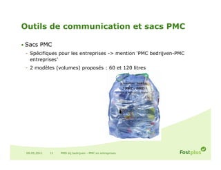 Outils de communication et sacs PMC

• Sacs PMC
 - Spécifiques pour les entreprises -> mention ‘PMC bedrijven PMC
                                     >          PMC bedrijven-PMC
   entreprises’
 - 2 modèles (volumes) proposés : 60 et 120 litres




 09.05.2011   11   PMD bij bedrijven - PMC en entreprises
 