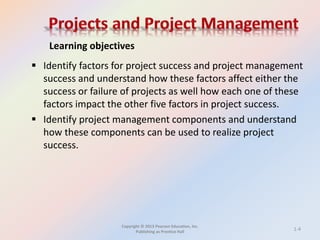 Copyright © 2013 Pearson Education, Inc.
Publishing as Prentice Hall
 Identify factors for project success and project management
success and understand how these factors affect either the
success or failure of projects as well how each one of these
factors impact the other five factors in project success.
 Identify project management components and understand
how these components can be used to realize project
success.
Learning objectives
1-4
 