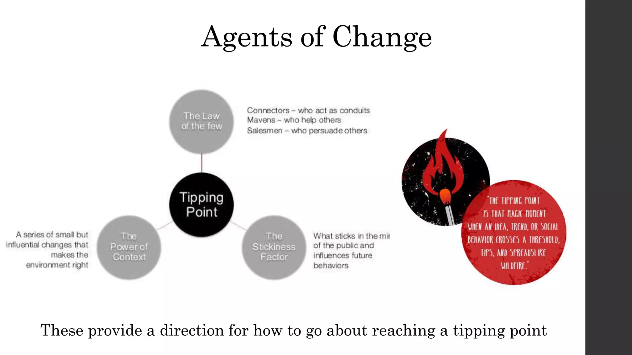 Agents of Change
These provide a direction for how to go about reaching a tipping point
 