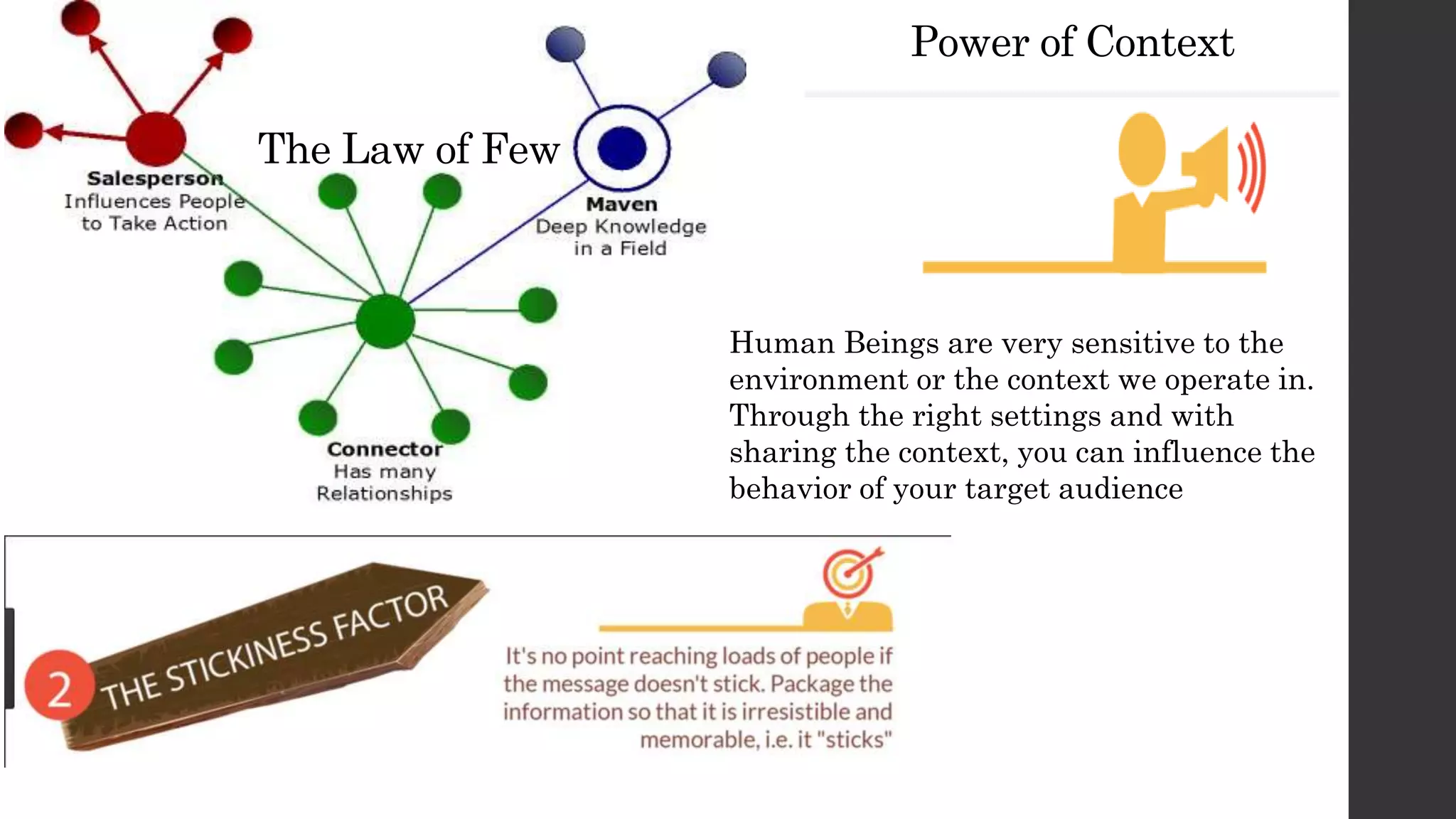 Power of Context
The Law of Few
Human Beings are very sensitive to the
environment or the context we operate in.
Through the right settings and with
sharing the context, you can influence the
behavior of your target audience
 
