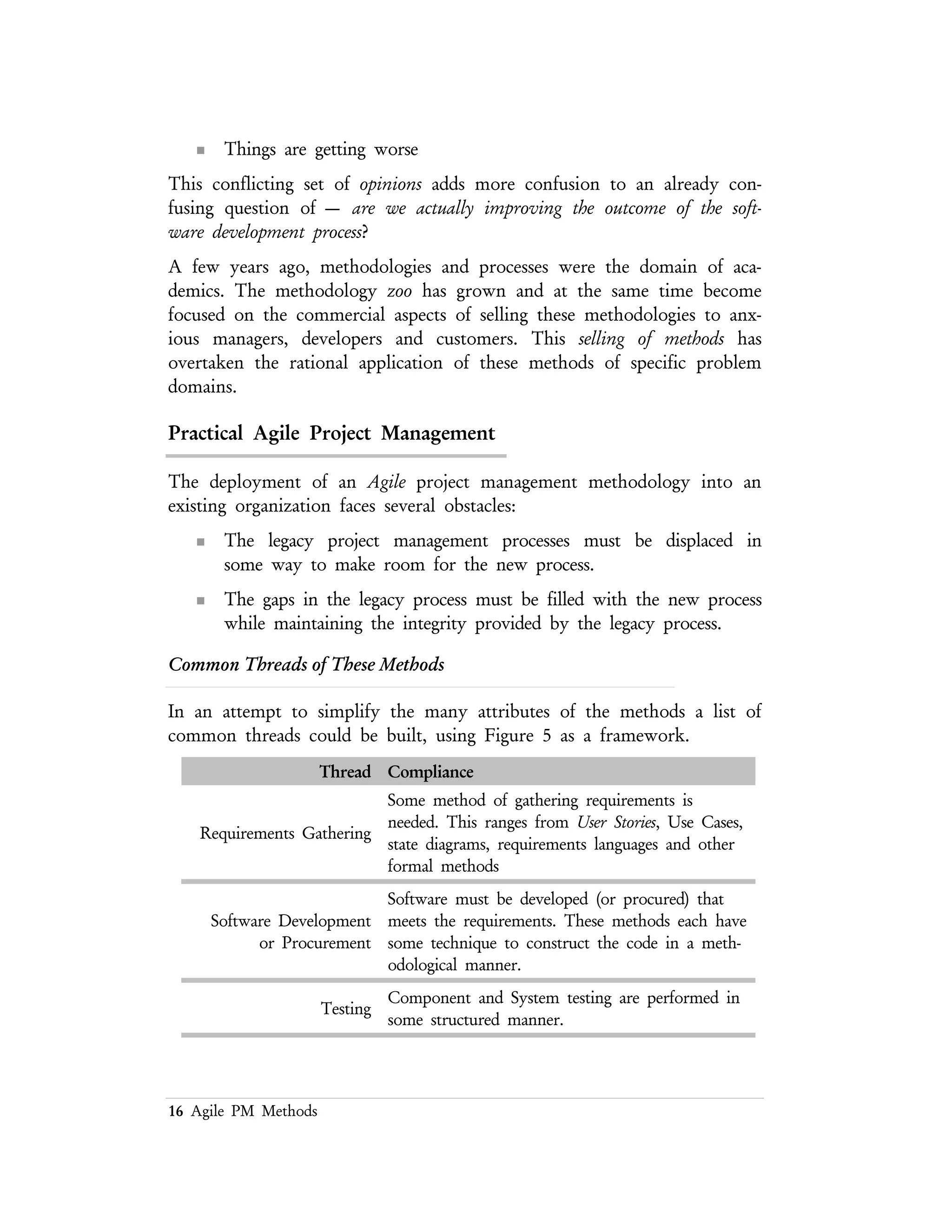 16 Agile PM Methods
Is Agile Yet Another Software Methodology Taxonomy?
Before selecting a software development method, some understanding of what type
of software is going to be developed may be appropriate [Jones 00].
Software Type Attributes
Management
Information Systems
Software that enterprises use to support their own business and
administrative operations. The traditional payroll, sales support,
and financial systems are examples
Outsourced systems
Software projects that are built for a client organization. This
could include contracted software development or commercial
systems tailored to meet the needs of the organization.
Systems software
Software that controls a physical device such as a computer or a
telephone switch. Embedded systems are part of this group,
which includes nearly every modern device that is microprocessor
controlled.
Commercial software
Software applications that are marketed to hundreds or even
millions of clients. Word processors, spreadsheets, ERP
applications, and Java applets are examples.
Military software
Software produced for the uniformed services. This includes
commercial applications such as payroll and logistics as well as
weapon system software.
End User Software
Small applications written for personal use. This could include
spreadsheet programs, database programming, or even actual
programming language applications.
Web Application and
e–Projects
Small, medium, and large scale projects with legacy system
integration, transaction processing, multimedia delivery, and web
browser based user interfaces
Figure 9 – Software Systems Taxonomy
 