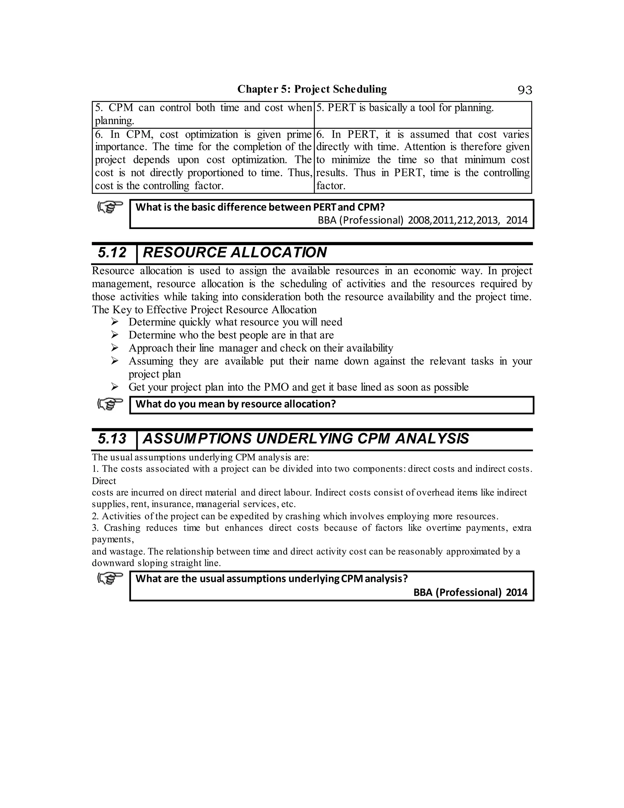 Chapter 5: Project Scheduling 93
5. CPM can control both time and cost when
planning.
5. PERT is basically a tool for planning.
6. In CPM, cost optimization is given prime
importance. The time for the completion of the
project depends upon cost optimization. The
cost is not directly proportioned to time. Thus,
cost is the controlling factor.
6. In PERT, it is assumed that cost varies
directly with time. Attention is therefore given
to minimize the time so that minimum cost
results. Thus in PERT, time is the controlling
factor.
5.12 RESOURCE ALLOCATION
Resource allocation is used to assign the available resources in an economic way. In project
management, resource allocation is the scheduling of activities and the resources required by
those activities while taking into consideration both the resource availability and the project time.
The Key to Effective Project Resource Allocation
 Determine quickly what resource you will need
 Determine who the best people are in that are
 Approach their line manager and check on their availability
 Assuming they are available put their name down against the relevant tasks in your
project plan
 Get your project plan into the PMO and get it base lined as soon as possible
5.13 ASSUMPTIONS UNDERLYING CPM ANALYSIS
The usual assumptions underlying CPM analysis are:
1. The costs associated with a project can be divided into two components: direct costs and indirect costs.
Direct
costs are incurred on direct material and direct labour. Indirect costs consist of overhead items like indirect
supplies, rent, insurance, managerial services, etc.
2. Activities of the project can be expedited by crashing which involves employing more resources.
3. Crashing reduces time but enhances direct costs because of factors like overtime payments, extra
payments,
and wastage. The relationship between time and direct activity cost can be reasonably approximated by a
downward sloping straight line.
What is the basic difference between PERTand CPM?
BBA (Professional) 2008,2011,212,2013, 2014
What do you mean by resource allocation?
What are the usual assumptions underlyingCPManalysis?
BBA (Professional) 2014
 
