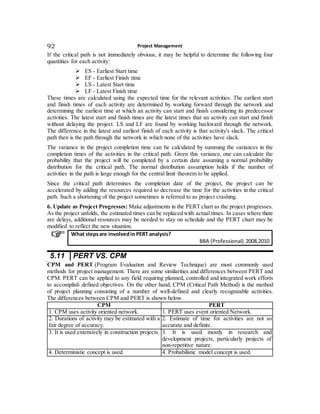Project Management92
If the critical path is not immediately obvious, it may be helpful to determine the following four
quantities for each activity:
 ES - Earliest Start time
 EF - Earliest Finish time
 LS - Latest Start time
 LF - Latest Finish time
These times are calculated using the expected time for the relevant activities. The earliest start
and finish times of each activity are determined by working forward through the network and
determining the earliest time at which an activity can start and finish considering its predecessor
activities. The latest start and finish times are the latest times that an activity can start and finish
without delaying the project. LS and LF are found by working backward through the network.
The difference in the latest and earliest finish of each activity is that activity's slack. The critical
path then is the path through the network in which none of the activities have slack.
The variance in the project completion time can be calculated by summing the variances in the
completion times of the activities in the critical path. Given this variance, one can calculate the
probability that the project will be completed by a certain date assuming a normal probability
distribution for the critical path. The normal distribution assumption holds if the number of
activities in the path is large enough for the central limit theorem to be applied.
Since the critical path determines the completion date of the project, the project can be
accelerated by adding the resources required to decrease the time for the activities in the critical
path. Such a shortening of the project sometimes is referred to as project crashing.
6. Update as Project Progresses: Make adjustments in the PERT chart as the project progresses.
As the project unfolds, the estimated times can be replaced with actual times. In cases where there
are delays, additional resources may be needed to stay on schedule and the PERT chart may be
modified to reflect the new situation.
What stepsare involvedin PERT analysis?
BBA (Professional) 2008,2010
5.11 PERT VS. CPM
CPM and PERT (Program Evaluation and Review Technique) are most commonly used
methods for project management. There are some similarities and differences between PERT and
CPM. PERT can be applied to any field requiring planned, controlled and integrated work efforts
to accomplish defined objectives. On the other hand, CPM (Critical Path Method) is the method
of project planning consisting of a number of well-defined and clearly recognizable activities.
The differences between CPM and PERT is shown below.
CPM PERT
1. CPM uses activity oriented network. 1. PERT uses event oriented Network.
2. Durations of activity may be estimated with a
fair degree of accuracy.
2. Estimate of time for activities are not so
accurate and definite.
3. It is used extensively in construction projects. 3. It is used mostly in research and
development projects, particularly projects of
non-repetitive nature.
4. Deterministic concept is used. 4. Probabilistic model concept is used.
 