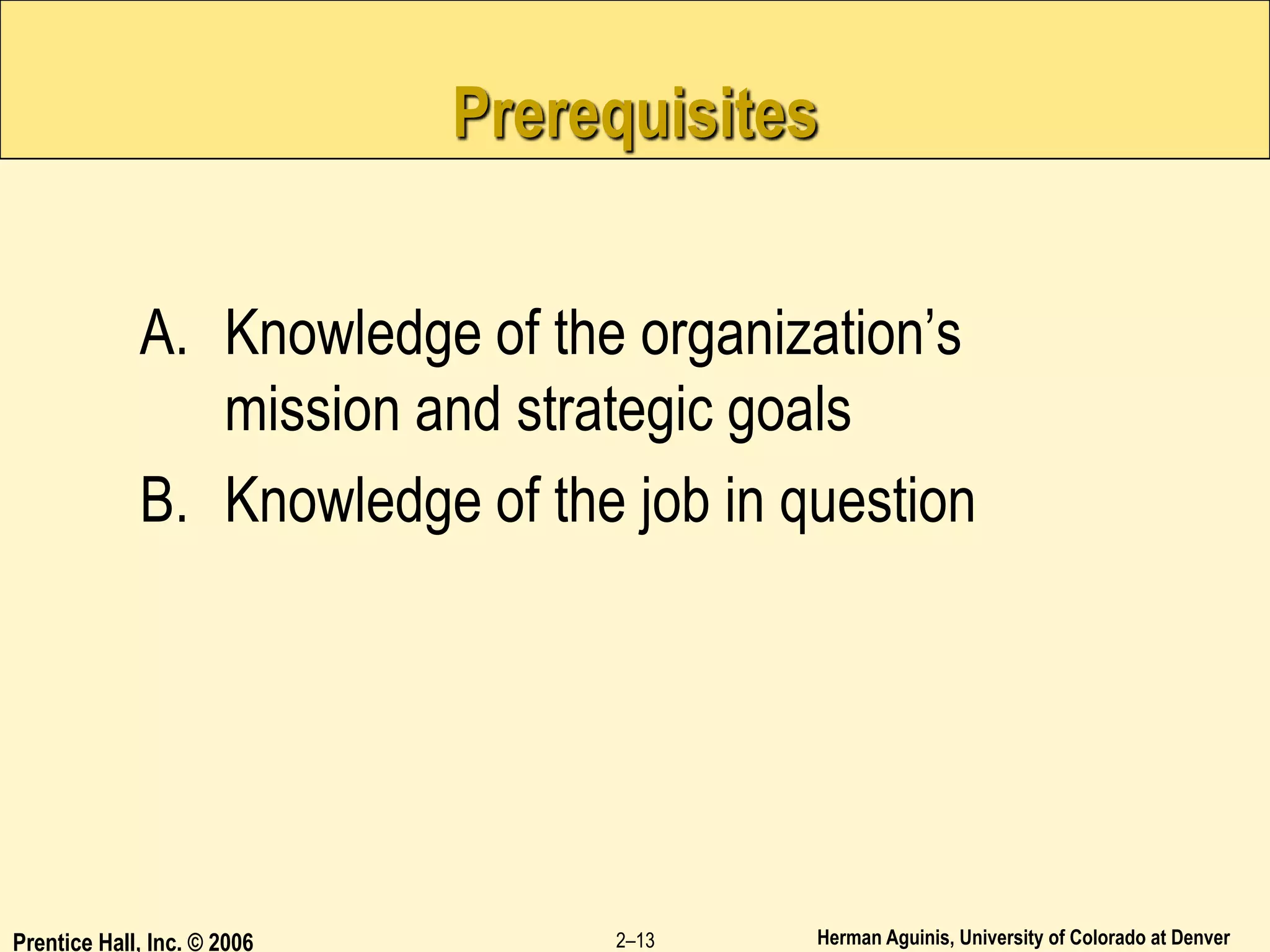 Herman Aguinis, University of Colorado at Denver
Prentice Hall, Inc. © 2006 2–13
Prerequisites
A. Knowledge of the organization’s
mission and strategic goals
B. Knowledge of the job in question
 
