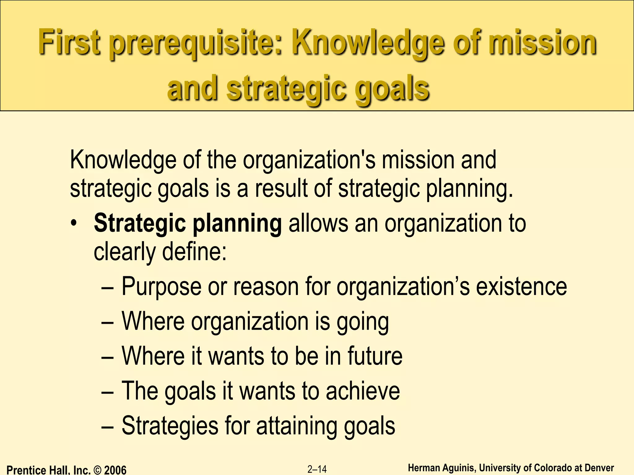 Herman Aguinis, University of Colorado at Denver
Prentice Hall, Inc. © 2006 2–14
First prerequisite: Knowledge of mission
and strategic goals
Knowledge of the organization's mission and
strategic goals is a result of strategic planning.
• Strategic planning allows an organization to
clearly define:
– Purpose or reason for organization’s existence
– Where organization is going
– Where it wants to be in future
– The goals it wants to achieve
– Strategies for attaining goals
 