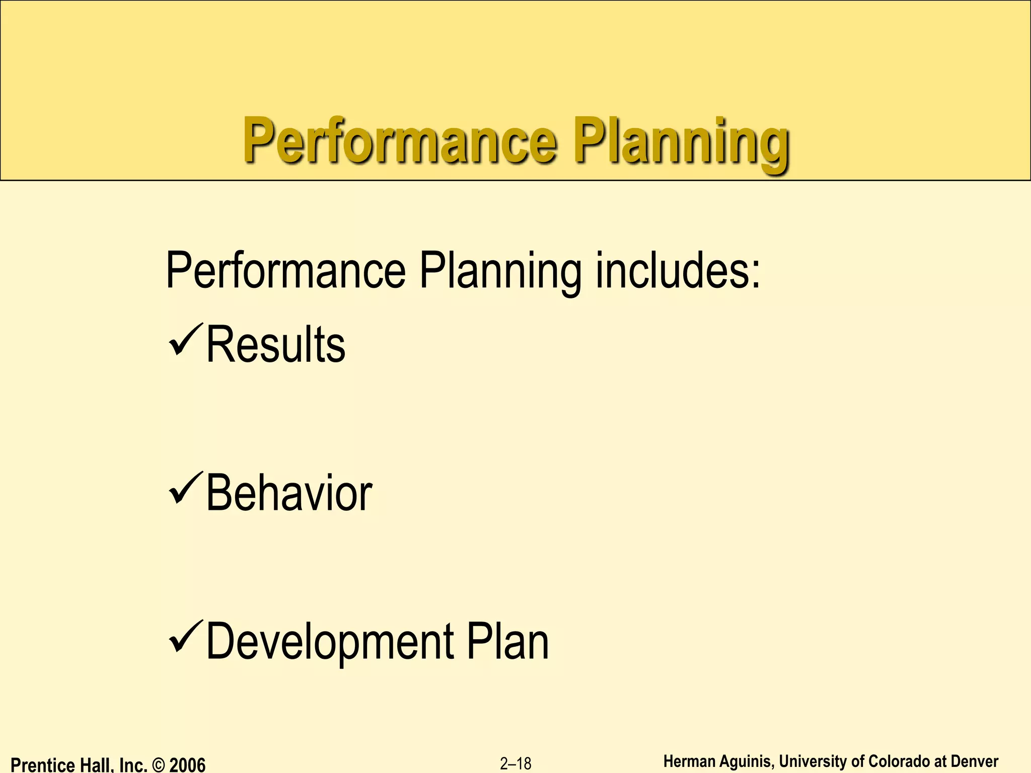 Herman Aguinis, University of Colorado at Denver
Prentice Hall, Inc. © 2006 2–18
Performance Planning
Performance Planning includes:
Results
Behavior
Development Plan
 