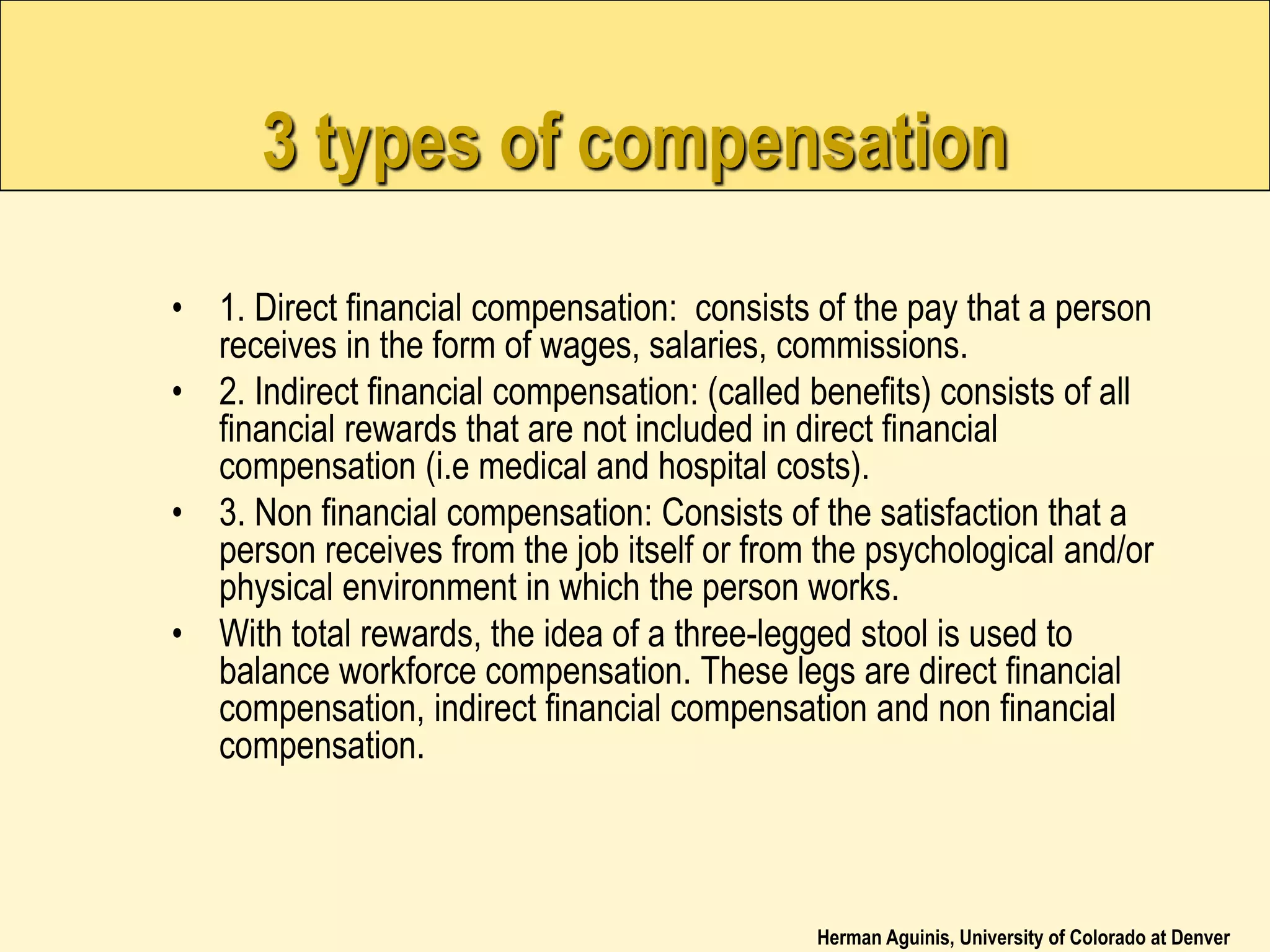 Herman Aguinis, University of Colorado at Denver
3 types of compensation
• 1. Direct financial compensation: consists of the pay that a person
receives in the form of wages, salaries, commissions.
• 2. Indirect financial compensation: (called benefits) consists of all
financial rewards that are not included in direct financial
compensation (i.e medical and hospital costs).
• 3. Non financial compensation: Consists of the satisfaction that a
person receives from the job itself or from the psychological and/or
physical environment in which the person works.
• With total rewards, the idea of a three-legged stool is used to
balance workforce compensation. These legs are direct financial
compensation, indirect financial compensation and non financial
compensation.
 