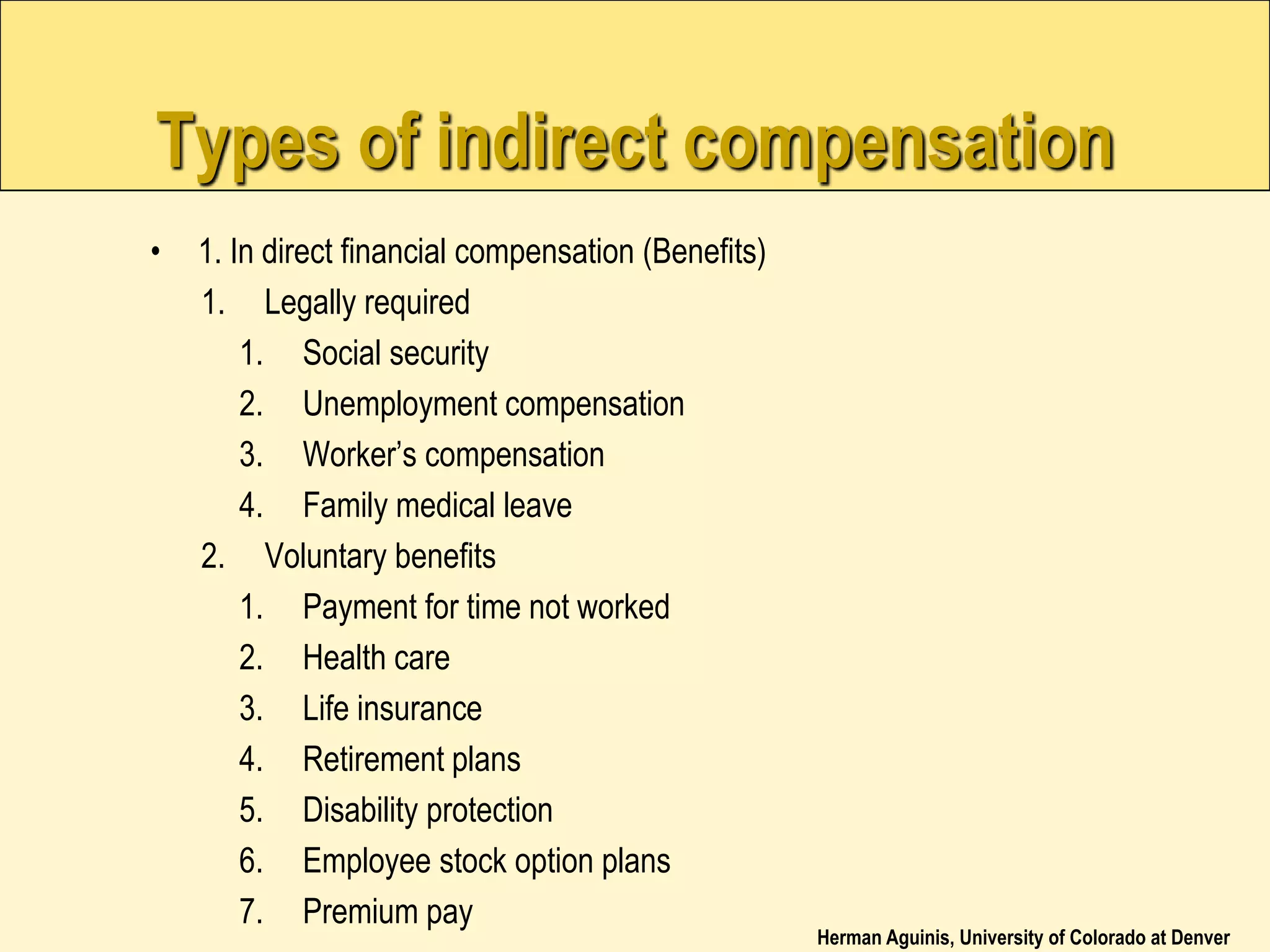 Herman Aguinis, University of Colorado at Denver
Types of indirect compensation
• 1. In direct financial compensation (Benefits)
1. Legally required
1. Social security
2. Unemployment compensation
3. Worker’s compensation
4. Family medical leave
2. Voluntary benefits
1. Payment for time not worked
2. Health care
3. Life insurance
4. Retirement plans
5. Disability protection
6. Employee stock option plans
7. Premium pay
 