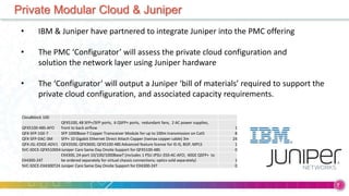 © 2009 IBM Corporation
Building a smarter planetPrivate Modular Cloud & Juniper
7
• IBM & Juniper have partnered to integrate Juniper into the PMC offering
• The PMC ‘Configurator’ will assess the private cloud configuration and
solution the network layer using Juniper hardware
• The ‘Configurator’ will output a Juniper ‘bill of materials’ required to support the
private cloud configuration, and associated capacity requirements.
Cloudblock 100
QFX5100-48S-AFO
QFX5100, 48 SFP+/SFP ports, 6 QSFP+ ports, redundant fans, 2 AC power supplies,
front to back airflow 1
QFX-SFP-1GE-T SFP 1000Base-T Copper Transceiver Module for up to 100m transmission on Cat5 8
QFX-SFP-DAC-3M SFP+ 10 Gigabit Ethernet Direct Attach Copper (twinax copper cable) 3m 24
QFX-JSL-EDGE-ADV1 QFX3500, QFX3600, QFX5100-48S Advanced feature license for IS-IS, BGP, MPLS 1
SVC-SDCE-QFX5100S4Juniper Care Same Day Onsite Support for QFX5100-48S 0
EX4300-24T
EX4300, 24-port 10/100/1000BaseT (includes 1 PSU JPSU-350-AC-AFO; 40GE QSFP+ to
be ordered separately for virtual chassis connections; optics sold separately) 1
SVC-SDCE-EX4300T24 Juniper Care Same Day Onsite Support for EX4300-24T 0
 