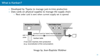 What is Kanban?
◦ Developed by Toyota to manage just-in-time production
◦ Uses cards on physical supplies to manage the su...