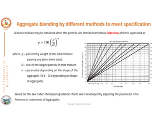 C
i
v
i
l
E
n
g
i
n
e
e
r
i
n
g
D
e
p
a
r
t
m
e
n
t
Aggregate blending by different methods to meet specification
A dense mixture may be obtained when this particle size distribution follows Fuller law which is expressed as:
where, p = percent by weight of the total mixture
passing any given sieve sized,
D = size of the largest particle in that mixture
n = parameter depending on the shape of the
aggregate (0.5 – 0.3 depending on shape
of aggregate)
Based on this law Fuller-Thompson gradation charts were developed by adjusting the parameter n for
fineness or coarseness of aggregates.
Nisarga P, Assistant Professor
 