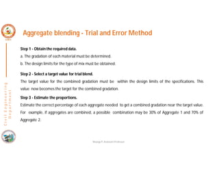C
i
v
i
l
E
n
g
i
n
e
e
r
i
n
g
D
e
p
a
r
t
m
e
n
t
Aggregate blending - Trial and Error Method
Step 1 - Obtain the required data.
a. The gradation of each material must be determined.
b. The design limits for the type of mix must be obtained.
Step 2 - Select a target value for trial blend.
The target value for the combined gradation must be within the design limits of the specifications. This
value now becomes the target for the combined gradation.
Step 3 - Estimate the proportions.
Estimate the correct percentage of each aggregate needed to get a combined gradation near the target value.
For example, if aggregates are combined, a possible combination may be 30% of Aggregate 1 and 70% of
Aggregate 2.
Nisarga P, Assistant Professor
 
