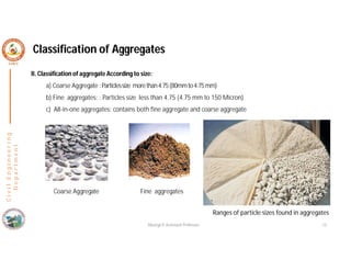 Classification of Aggregates
II. Classification of aggregate According to size:
a) Coarse Aggregate :Particlessize morethan4.75(80mmto4.75mm)
b) Fine aggregates: : Particles size less than 4.75 (4.75 mm to 150 Micron)
c) All-in-one aggregates: contains both fine aggregate and coarse aggregate
C
i
v
i
l
E
n
g
i
n
e
e
r
i
n
g
D
e
p
a
r
t
m
e
n
t
Nisarga P, Assistant Professor 12
Coarse Aggregate Fine aggregates
Ranges of particle sizes found in aggregates
 