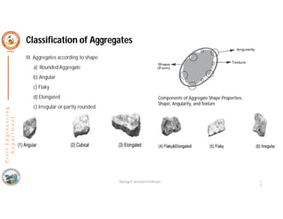Classification of Aggregates
C
i
v
i
l
E
n
g
i
n
e
e
r
i
n
g
D
e
p
a
r
t
m
e
n
t
III. Aggregates according to shape
a) Rounded Aggregate
b) Angular
c) Flaky
d) Elongated
c) Irregular or partly rounded
Nisarga P, Assistant Professor 1
3
Components of Aggregate Shape Properties:
Shape, Angularity, and Texture
 