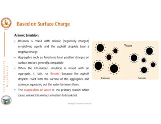 C
i
v
i
l
E
n
g
i
n
e
e
r
i
n
g
D
e
p
a
r
t
m
e
n
t
Based on Surface Charge
Anionic Emulsion:
• Bitumen is mixed with anionic (negatively charged)
emulsifying agents and the asphalt droplets bear a
negative charge
• Aggregates such as limestone bear positive charges on
surface and are generally compatible
• When the bituminous emulsion is mixed with an
aggregate, it “sets” or “breaks” because the asphalt
droplets react with the surface of the aggregates and
coalesce, squeezing out the water between them.
• The evaporation of water is the primary reason which
cause anionic bituminous emulsion to break/set.
Nisarga P, Assistant Professor
 