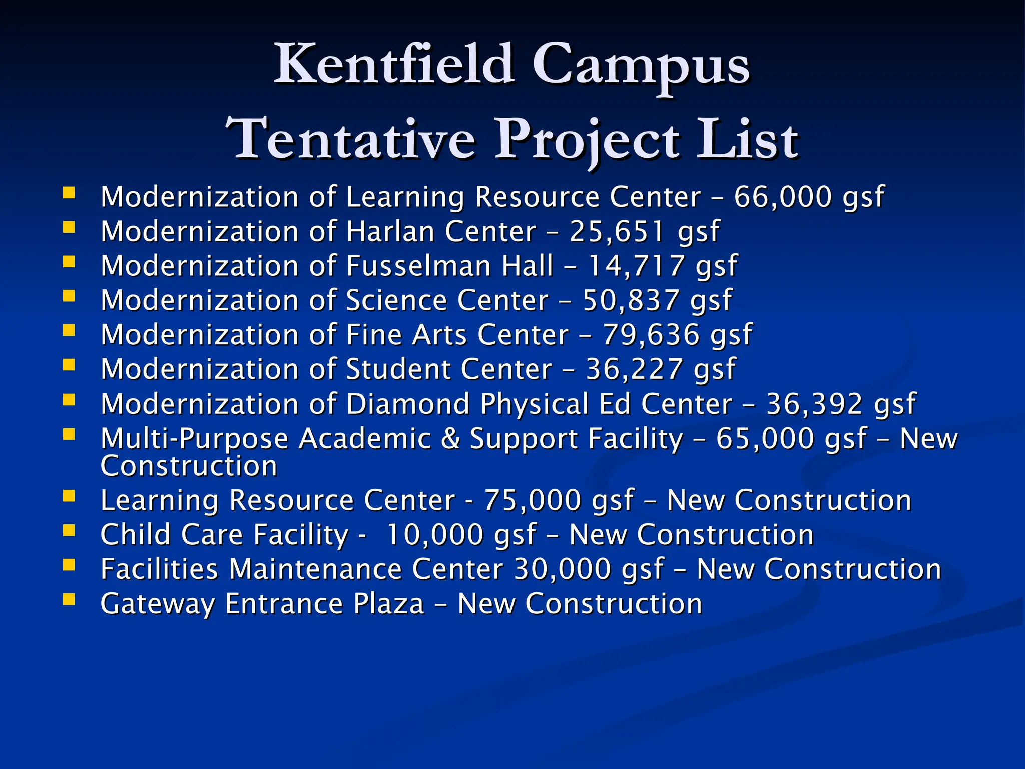 Kentfield Campus
Kentfield Campus
Tentative Project List
Tentative Project List
 Modernization of Learning Resource Center – 66,000 gsf
Modernization of Learning Resource Center – 66,000 gsf
 Modernization of Harlan Center – 25,651 gsf
Modernization of Harlan Center – 25,651 gsf
 Modernization of Fusselman Hall – 14,717 gsf
Modernization of Fusselman Hall – 14,717 gsf
 Modernization of Science Center – 50,837 gsf
Modernization of Science Center – 50,837 gsf
 Modernization of Fine Arts Center – 79,636 gsf
Modernization of Fine Arts Center – 79,636 gsf
 Modernization of Student Center – 36,227 gsf
Modernization of Student Center – 36,227 gsf
 Modernization of Diamond Physical Ed Center – 36,392 gsf
Modernization of Diamond Physical Ed Center – 36,392 gsf
 Multi-Purpose Academic & Support Facility – 65,000 gsf – New
Multi-Purpose Academic & Support Facility – 65,000 gsf – New
Construction
Construction
 Learning Resource Center - 75,000 gsf – New Construction
Learning Resource Center - 75,000 gsf – New Construction
 Child Care Facility - 10,000 gsf – New Construction
Child Care Facility - 10,000 gsf – New Construction
 Facilities Maintenance Center 30,000 gsf – New Construction
Facilities Maintenance Center 30,000 gsf – New Construction
 Gateway Entrance Plaza – New Construction
Gateway Entrance Plaza – New Construction
 