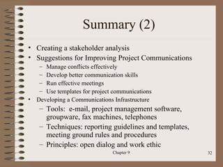 Summary (2)
• Creating a stakeholder analysis
• Suggestions for Improving Project Communications
     – Manage conflicts effectively
     – Develop better communication skills
     – Run effective meetings
     – Use templates for project communications
•   Developing a Communications Infrastructure
     – Tools: e-mail, project management software,
       groupware, fax machines, telephones
     – Techniques: reporting guidelines and templates,
       meeting ground rules and procedures
     – Principles: open dialog and work ethic
                                Chapter 9                32
 