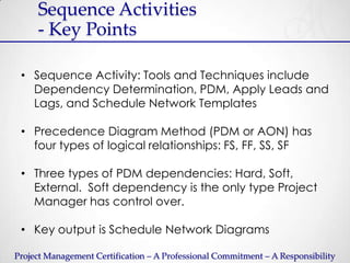 Sequence Activities
     - Key Points

 • Sequence Activity: Tools and Techniques include
   Dependency Determination, PDM, Apply Leads and
   Lags, and Schedule Network Templates

 • Precedence Diagram Method (PDM or AON) has
   four types of logical relationships: FS, FF, SS, SF

 • Three types of PDM dependencies: Hard, Soft,
   External. Soft dependency is the only type Project
   Manager has control over.

 • Key output is Schedule Network Diagrams

Project Management Certification – A Professional Commitment – A Responsibility
 
