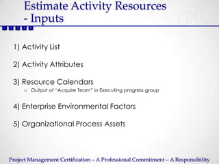 Estimate Activity Resources
             - Inputs
1   2    3   4   5




        1) Activity List

        2) Activity Attributes

        3) Resource Calendars
             o Output of “Acquire Team” in Executing progress group


        4) Enterprise Environmental Factors

        5) Organizational Process Assets



    Project Management Certification – A Professional Commitment – A Responsibility
 