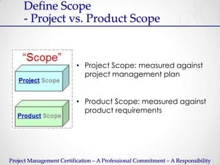 Define Scope
     - Project vs. Product Scope


                          • Project Scope: measured against
                            project management plan


                          • Product Scope: measured against
                            product requirements




Project Management Certification – A Professional Commitment – A Responsibility
 