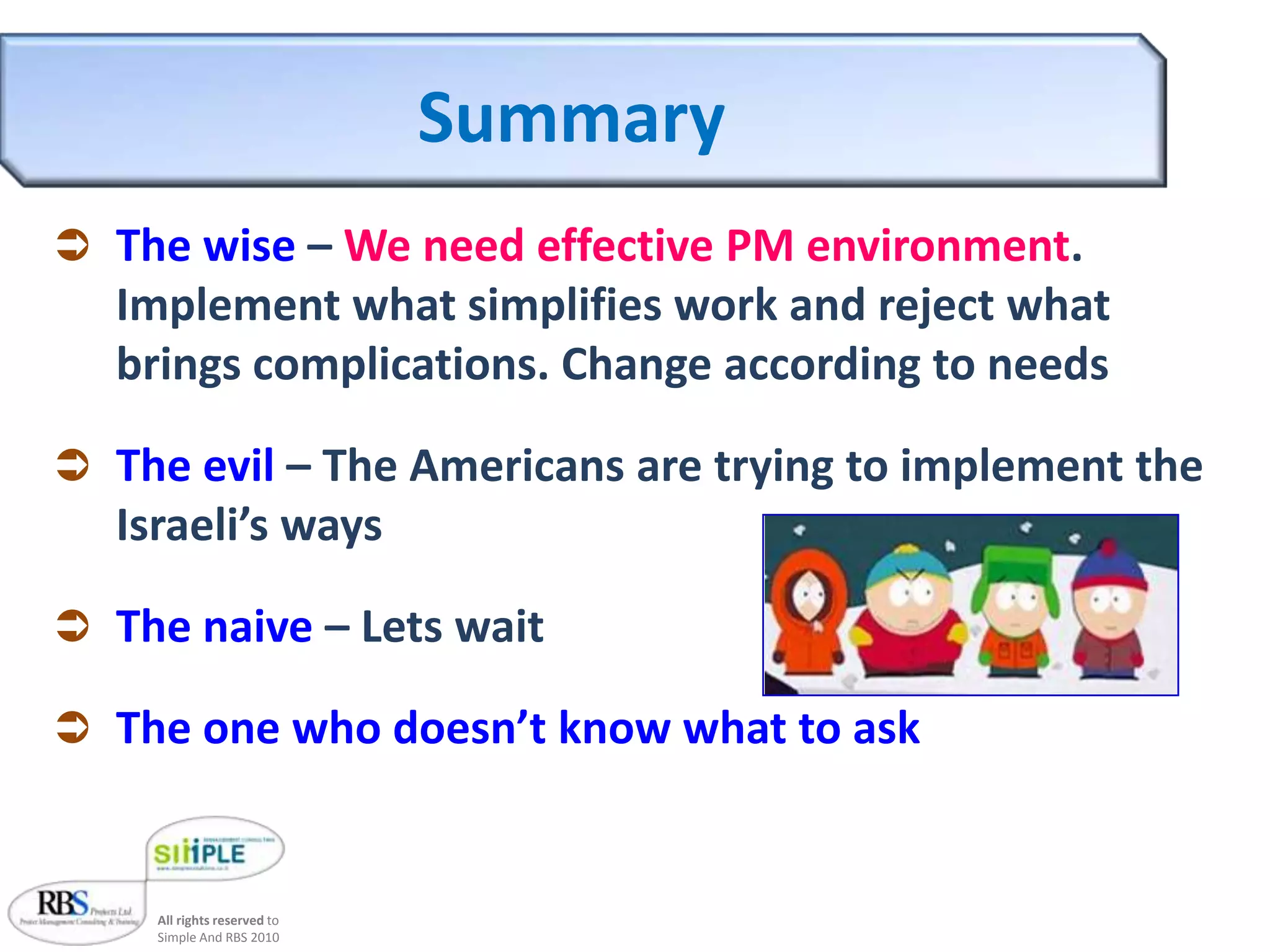 Agile Elements in Large ProjectsMany milestones with valueActive System and product managersBacklog burn down Quarterly project health reviewTestabilityCreate commitment  High  valuable  elements