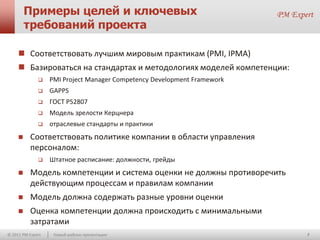 Примеры целей и ключевых
         требований проекта

      Соответствовать лучшим мировым практикам (PMI, IPMA)
      Базироваться на стандартах и методологиях моделей компетенции:
                  PMI Project Manager Competency Development Framework
                  GAPPS
                  ГОСТ Р52807
                  Модель зрелости Керцнера
                  отраслевые стандарты и практики
         Соответствовать политике компании в области управления
          персоналом:
                  Штатное расписание: должности, грейды
         Модель компетенции и система оценки не должны противоречить
          действующим процессам и правилам компании
         Модель должна содержать разные уровни оценки
         Оценка компетенции должна происходить с минимальными
          затратами
© 2011 PM Expert    Новый шаблон презентации                              7
 