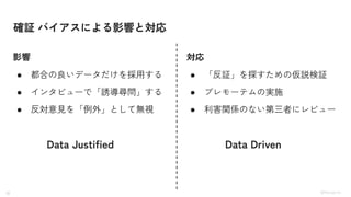 22 ©Monoxer.Inc
確証 バイアスによる影響と対応
● 都合の良いデータだけを採用する
● インタビューで「誘導尋問」する
● 反対意見を「例外」として無視
● 「反証」を探すための仮説検証
● プレモーテムの実施
● 利害関係のない第三者にレビュー
影響 対応
Data Justified Data Driven
 