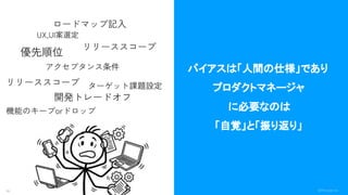 26 ©Monoxer.Inc
バイアスは「人間の仕様」であり
プロダクトマネージャ
に必要なのは
「自覚」と「振り返り」
リリーススコープ
優先順位
リリーススコープ
ターゲット課題設定
機能のキープorドロップ
アクセプタンス条件
開発トレードオフ
UX,UI案選定
ロードマップ記入
 