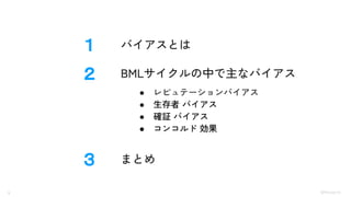 5 ©Monoxer.Inc
１ バイアスとは
２ BMLサイクルの中で主なバイアス
３
● レピュテーションバイアス
● 生存者 バイアス
● 確証 バイアス
● コンコルド 効果
まとめ
 