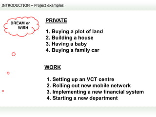 INTRODUCTION – Project examples



    DREAM or
                     PRIVATE
       WISH
                      1. Buying a plot of land
                      2. Building a house
                      3. Having a baby
                      4. Buying a family car


                     WORK

                      1. Setting up an VCT centre
                      2. Rolling out new mobile network
                      3. Implementing a new financial system
                      4. Starting a new department
 