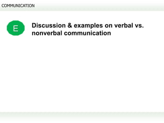COMMUNICATION



           Discussion & examples on verbal vs.
    E      nonverbal communication
 