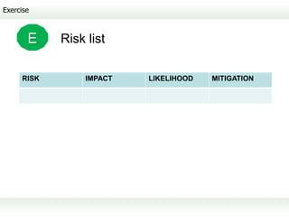 Exercise



       E    Risk list

     RISK        IMPACT   LIKELIHOOD   MITIGATION
 
