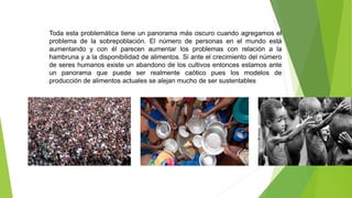 Toda esta problemática tiene un panorama más oscuro cuando agregamos el
problema de la sobrepoblación. El número de personas en el mundo está
aumentando y con él parecen aumentar los problemas con relación a la
hambruna y a la disponibilidad de alimentos. Si ante el crecimiento del número
de seres humanos existe un abandono de los cultivos entonces estamos ante
un panorama que puede ser realmente caótico pues los modelos de
producción de alimentos actuales se alejan mucho de ser sustentables
 