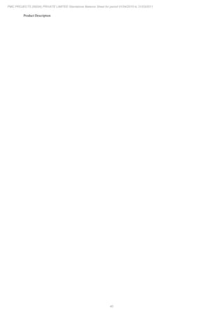 40
PMC PROJECTS (INDIA) PRIVATE LIMITED Standalone Balance Sheet for period 01/04/2010 to 31/03/2011
Product Description
 