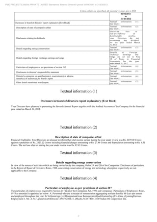 2
PMC PROJECTS (INDIA) PRIVATE LIMITED Standalone Balance Sheet for period 01/04/2011 to 31/03/2012
Unless otherwise specified, all monetary values are in INR
01/04/2011
to
31/03/2012
Disclosure in board of directors report explanatory [TextBlock]
Textual information (1)
[See below]
Description of state of companies affair
Textual information (2)
[See below]
Disclosures relating to dividends
Dividend: Due to
non-availability of
distributable profits,
your Directors do not
recommend any dividend
for the year ended March
31, 2012.
Details regarding energy conservation
Textual information (3)
[See below]
Details regarding foreign exchange earnings and outgo
Details of Foreign
Exchange Earnings and
Outgo are set out in Note
32 of Notes to Financial
Statements for the year
ended March 31, 2012.
Particulars of employees as per provisions of section 217
Textual information (4)
[See below]
Disclosures in director’s responsibility statement
Textual information (5)
[See below]
Director's comments on qualification(s), reservation(s) or adverse
remark(s) of auditors as per board's report
Textual information (6)
[See below]
Other details mentioned board report
Textual information (7)
[See below]
Textual information (1)
Disclosure in board of directors report explanatory [Text Block]
Your Directors have pleasure in presenting the Seventh Annual Report together with the Audited Accounts of the Company for the financial
year ended on March 31, 2012.
Textual information (2)
Description of state of companies affair
Financial Highlights: Your Directors are pleased to inform that total income earned during the year under review was Rs. 2239.40 Crores
against expenditure of Rs. 2323.22 Crores including financial charges amounting to Rs. 27.88 Crores and depreciation amounting to Rs. 6.51
Crores. The net loss after tax during the year under review was Rs. 82.65 Crores.
Textual information (3)
Details regarding energy conservation
In view of the nature of activities which are being carried on by the company, Rules 2A and 2B of the Companies (Disclosure of particulars
in the Report of Board of Directors) Rules, 1988, concerning conservation of energy and technology absorption respectively are not
applicable to the Company.
Textual information (4)
Particulars of employees as per provisions of section 217
The particulars of employees as required by Section 217 (2A) of the Companies Act, 1956 and Companies (Particulars of Employees) Rules,
1975 as amended is appended as below: A. Personnel who are in receipt of remuneration aggregating not less than Rs. 60 Lacs per annum
and employed throughout the year. Sr NoNameAge (yrs)DesignationGross RemunerationQualificationExp (Yrs.)Date of joiningPrevious
Employment 1. Mr. A. M. Uplenchwar64Director1,09,19,280B. E. (Mech), M.O.T4301.10.07Indian Oil Corporation Ltd.
 