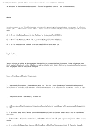 11
PMC PROJECTS (INDIA) PRIVATE LIMITED Standalone Balance Sheet for period 01/04/2012 to 31/03/2013
We believe that the audit evidence we have obtained is sufficient and appropriate to provide a basis for our audit opinion.
Opinion
In our opinion and to the best of our information and according to the explanations given to us, the financial statements give the information
required by the Act in the manner so required and give a true and fair view in conformity with the accounting principles generally accepted in
India:
a) in the case of the Balance Sheet, of the state of affairs of the Company as at March 31, 2013;
b) in the case of the Statement of Profit and Loss, of the loss for the year ended on that date; and
c) in the case of the Cash Flow Statement, of the cash flows for the year ended on that date.
Emphasis of Matter
Without qualifying our opinion, we draw attention to Note No. 36 to the accompanying financial statements. In view of the matters stated
therein relating to the net worth position of the Company and the mitigating factors stated in that note, the accompanying financial statements
have been prepared under the going concern assumption.
Report on Other Legal and Regulatory Requirements
1. As required by the Companies (Auditor’s Report) Order, 2003 (“the Order”) issued by the Central Government of India in terms of
sub-section (4A) of section 227 of the Act, we give in the Annexure a statement on the matters specified in paragraphs 4 and 5 of the Order.
2. As required by section 227(3) of the Act, we report that:
a. we have obtained all the information and explanations which to the best of our knowledge and belief were necessary for the purpose of
our audit;
b. in our opinion proper books of account as required by law have been kept by the Company so far as appears from our examination of
those books.
c. the Balance Sheet, Statement of Profit and Loss, and Cash Flow Statement dealt with by this Report are in agreement with the books of
account.
d. in our opinion, the Balance Sheet, Statement of Profit and Loss, and Cash Flow Statement comply with the Accounting Standards
 