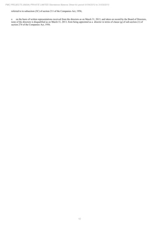 12
PMC PROJECTS (INDIA) PRIVATE LIMITED Standalone Balance Sheet for period 01/04/2012 to 31/03/2013
referred to in subsection (3C) of section 211 of the Companies Act, 1956;
e. on the basis of written representations received from the directors as on March 31, 2013, and taken on record by the Board of Directors,
none of the directors is disqualified as on March 31, 2013, from being appointed as a director in terms of clause (g) of sub-section (1) of
section 274 of the Companies Act, 1956.
 