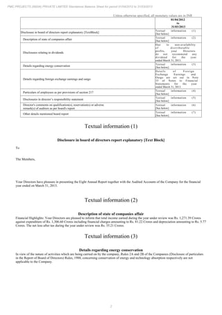 2
PMC PROJECTS (INDIA) PRIVATE LIMITED Standalone Balance Sheet for period 01/04/2012 to 31/03/2013
Unless otherwise specified, all monetary values are in INR
01/04/2012
to
31/03/2013
Disclosure in board of directors report explanatory [TextBlock]
Textual information (1)
[See below]
Description of state of companies affair
Textual information (2)
[See below]
Disclosures relating to dividends
Due to non-availability
of distributable
profits, your Directors
do not recommend any
dividend for the year
ended March 31, 2013.
Details regarding energy conservation
Textual information (3)
[See below]
Details regarding foreign exchange earnings and outgo
Details of Foreign
Exchange Earnings and
Outgo are set out in Note
35 of Notes to Financial
Statements for the year
ended March 31, 2013.
Particulars of employees as per provisions of section 217
Textual information (4)
[See below]
Disclosures in director’s responsibility statement
Textual information (5)
[See below]
Director's comments on qualification(s), reservation(s) or adverse
remark(s) of auditors as per board's report
Textual information (6)
[See below]
Other details mentioned board report
Textual information (7)
[See below]
Textual information (1)
Disclosure in board of directors report explanatory [Text Block]
To
The Members,
Your Directors have pleasure in presenting the Eight Annual Report together with the Audited Accounts of the Company for the financial
year ended on March 31, 2013.
Textual information (2)
Description of state of companies affair
Financial Highlights: Your Directors are pleased to inform that total income earned during the year under review was Rs. 1,271.39 Crores
against expenditure of Rs. 1,306.60 Crores including financial charges amounting to Rs. 81.22 Crores and depreciation amounting to Rs. 5.77
Crores. The net loss after tax during the year under review was Rs. 35.21 Crores.
Textual information (3)
Details regarding energy conservation
In view of the nature of activities which are being carried on by the company, Rules 2A and 2B of the Companies (Disclosure of particulars
in the Report of Board of Directors) Rules, 1988, concerning conservation of energy and technology absorption respectively are not
applicable to the Company.
 