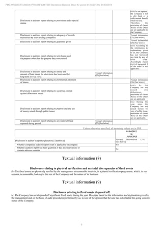 6
PMC PROJECTS (INDIA) PRIVATE LIMITED Standalone Balance Sheet for period 01/04/2012 to 31/03/2013
Disclosure in auditors report relating to provisions under special
statute
(xiii) In our opinion,
the Company is not
a chit fund or a
nidhi/mutual benefit
fund/society.
Therefore, the
provisions of clause
4(xiii) of the Order
are not applicable to
the Company.
Disclosure in auditors report relating to adequacy of records
maintained by share trading companies
Textual information
(23) [See below]
Disclosure in auditors report relating to guarantee given
Textual information
(24) [See below]
Disclosure in auditors report relating to term loans used
for purpose other than for purpose they were raised
(xvi) According to
the information &
explanations given
to us, the Company
has not borrowed
any fund by way of
term loan.
Accordingly clause
(xvi) of paragraph 4
of the order is not
applicable.
Disclosure in auditors report relating to nature and
amount of fund raised for short-term has been used for
long-term or vice versa
Textual information
(25) [See below]
Disclosure in auditors report relating to preferential allotment
of shares
Textual information
(26) [See below]
Disclosure in auditors report relating to securities created
against debentures issued
(xix) As the
Company has not
issued any
debentures,
provisions of clause
4(xix) of the Order
are not applicable
Disclosure in auditors report relating to purpose and end use
of money raised through public issues
(xx) During the
year, since the
Company has not
raised money by
way of public issue,
provisions of clause
4(xx) of the Order
are not applicable.
Disclosure in auditors report relating to any material fraud
reported during period
Textual information
(27) [See below]
Unless otherwise specified, all monetary values are in INR
01/04/2012
to
31/03/2013
Disclosure in auditor’s report explanatory [TextBlock]
Textual information (28)
[See below]
Whether companies auditors report order is applicable on company Yes
Whether auditors' report has been qualified or has any reservations or
contains adverse remarks
No
Textual information (8)
Disclosure relating to physical verification and material discrepancies of fixed assets
(b) The fixed assets are physically verified by the management at reasonable intervals, in a phased verification-programme, which, in our
opinion, is reasonable, looking to the size of the Company and the nature of its business
Textual information (9)
Disclosure relating to fixed assets disposed off
(c) The Company has not disposed off significant fixed assets during the year. However based on the information and explanation given by
the management and on the basis of audit procedures performed by us, we are of the opinion that the sale has not affected the going concern
status of the Company.
 