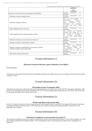 2
Pmc Projects (India) Private Limited Standalone Balance Sheet for period 01/04/2013 to 31/03/2014
Unless otherwise specified, all monetary values are in INR
01/04/2013
to
31/03/2014
Disclosure in board of directors report explanatory [TextBlock]
Textual information (1)
[See below]
Description of state of companies affair
Textual information (2)
[See below]
Disclosures relating to dividends
Due to non-availably of
distributable profits,
your Directors express
their inability to
recommend any dividend
for the year ended March
31, 2014.
Details regarding energy conservation
Textual information (3)
[See below]
Details regarding foreign exchange earnings and outgo
The details of Foreign
Earnings and Outgo are set
out in Note 34 of Notes to
the financial Statements
for the year ended March
31, 2014.
Particulars of employees as per provisions of section 217
Textual information (4)
[See below]
Disclosures in director’s responsibility statement
Textual information (5)
[See below]
Director's comments on qualification(s), reservation(s) or adverse
remark(s) of auditors as per board's report
The Notes to Financial
Statements referred in
the Auditors Report are
self-explanatory and
therefore do not call for
any comments.
Other details mentioned board report
Textual information (6)
[See below]
Textual information (1)
Disclosure in board of directors report explanatory [Text Block]
Dear Shareholders,
Your Directors are pleased to present the Ninth Annual Report alongwith the audited accounts of your Company for the financial year ended
on March 31, 2014.
Textual information (2)
Description of state of companies affair
Your Directors are pleased to inform that total income earned during the year under review was Rs. 822.78 Crores against expenditure of Rs.
832.82 Crores including financial charges amounting to Rs. 227.75 Crores and depreciation amounting to Rs. 6.58 Crores. The net loss after
tax during the year under review was Rs. 10.03 Crores.
Textual information (3)
Details regarding energy conservation
In view of the nature of activities which are being carried on by the company, Rules 2A and 2B of the Companies (Disclosure of particulars
in the Report of Board of Directors) Rules, 1988, concerning conservation of energy and technology absorption respectively are not
applicable to the Company.
Textual information (4)
Particulars of employees as per provisions of section 217
The Statement of Employees who are in receipt of remuneration in excess of limits specified by Section 217(2A) of the Companies Act, 1956
and Companies (Particulars of Employees) Rules, 1975 as amended from time to time during the year under review is appended as an
Annexure I.
 