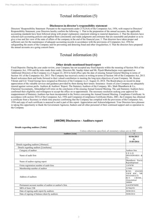 3
Pmc Projects (India) Private Limited Standalone Balance Sheet for period 01/04/2013 to 31/03/2014
Textual information (5)
Disclosures in director’s responsibility statement
Directors’ Responsibility Statement: Pursuant to the requirements under 217(2AA) of the Companies Act, 1956, with respect to Directors’
Responsibility Statement, your Directors hereby confirm the following: 1. That in the preparation of the annual accounts, the applicable
accounting standards have been followed along with proper explanatory statement relating to material departures; 2. That the directors have
selected such accounting policies and applied them consistently and made judgments and estimates that are reasonable and prudent so as to
give a true and fair view of the state of affairs of the company at the end of the financial year; 3. That directors have taken proper and
sufficient care for the maintenance of adequate accounting records in accordance with the provisions of Companies Act, 1956 for
safeguarding the assets of the Company and for preventing and detecting fraud and other irregularities; 4. That the directors have prepared
the annual accounts on a going concern basis.
Textual information (6)
Other details mentioned board report
Fixed Deposits: During the year under review, your Company has not accepted any fixed deposits within the meaning of Section 58A of the
Companies Act, 1956 and the rules made there under. Directors Mr. Sandip Adani and Mr. Pijush Bhattacharjee were appointed as
Additional Directors of the Company w.e.f August 22, 2014 to hold office upto the date of ensuing Annual General Meeting in terms of
Section 161 of the Companies Act, 2013. The Company has received a notice in writing in terms of Section 160 of the Companies Act, 2013.
Board welcomes them and looks forward to their valued contribution in meeting the long term objectives of your Company. Mr. Kumar
Vikram and Col. Vinod George have resigned as Directors of the Company w.e.f. August 22, 2014. The Board places on record its deep
appreciation of the valuable services and guidance provided by them during their tenure. Insurance: Assets of your Company are adequately
insured against various perils. Auditors & Auditors’ Report: The Statutory Auditors of the Company, M/s. Shah Dhandharia & Co.,
Chartered Accountants, Ahmedabad will retire on the conclusion of the ensuing Annual General Meeting. The said Statutory Auditors have
confirmed their eligibility and willingness to accept the office on re-appointment. The necessary resolution seeking your approval for
reappointment of Statutory Auditors has been incorporated in the Notice convening the Annual General Meeting. Compliance Certificate: In
accordance with section 383A of the Companies Act, 1956 and Companies (Compliance Certificate) Rules, 2001, the Company has obtained
a certificate from a Secretary in whole time practice confirming that the Company has complied with the provisions of the Companies Act,
1956 and copy of such certificate is annexed to and is part of this report. Appreciation and Acknowledgement: Your Directors have pleasure
in taking this opportunity to thank the Government Agencies, bankers and all other personnel of their continued support and co-operation to
the Company
[400200] Disclosures - Auditors report
Details regarding auditors [Table] ..(1)
Unless otherwise specified, all monetary values are in INR
Auditors [Axis] 1
01/04/2013
to
31/03/2014
Details regarding auditors [Abstract]
Details regarding auditors [LineItems]
Category of auditor Auditors firm
Name of audit firm
S H A H
DHANDHARIA &
Co.
Name of auditor signing report
Dhandharia Pravin
Rajendraprasad
Firms registration number of audit firm 118707W
Membership number of auditor 115490
Address of auditors
B/302, ANAND
VIEW SOC., NR
SHAHIBAUG
RLY. CROSS.,
Ahmedabad –
380004
Permanent account number of auditor or auditor's firm AAGFM7049H
SRN of form 23B S27866391
Date of signing audit report by auditors 30/08/2014
Date of signing of balance sheet by auditors 30/08/2014
 
