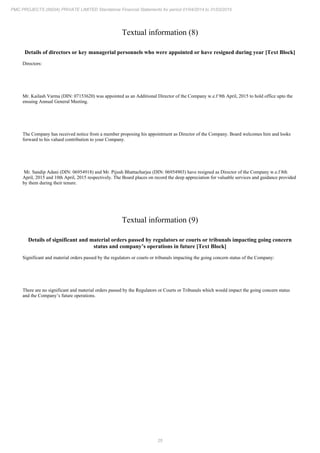 25
PMC PROJECTS (INDIA) PRIVATE LIMITED Standalone Financial Statements for period 01/04/2014 to 31/03/2015
Textual information (8)
Details of directors or key managerial personnels who were appointed or have resigned during year [Text Block]
Directors:
Mr. Kailash Varma (DIN: 07153620) was appointed as an Additional Director of the Company w.e.f 9th April, 2015 to hold office upto the
ensuing Annual General Meeting.
The Company has received notice from a member proposing his appointment as Director of the Company. Board welcomes him and looks
forward to his valued contribution to your Company.
Mr. Sandip Adani (DIN: 06954918) and Mr. Pijush Bhattacharjee (DIN: 06954903) have resigned as Director of the Company w.e.f 8th
April, 2015 and 10th April, 2015 respectively. The Board places on record the deep appreciation for valuable services and guidance provided
by them during their tenure.
Textual information (9)
Details of significant and material orders passed by regulators or courts or tribunals impacting going concern
status and company’s operations in future [Text Block]
Significant and material orders passed by the regulators or courts or tribunals impacting the going concern status of the Company:
There are no significant and material orders passed by the Regulators or Courts or Tribunals which would impact the going concern status
and the Company’s future operations.
 